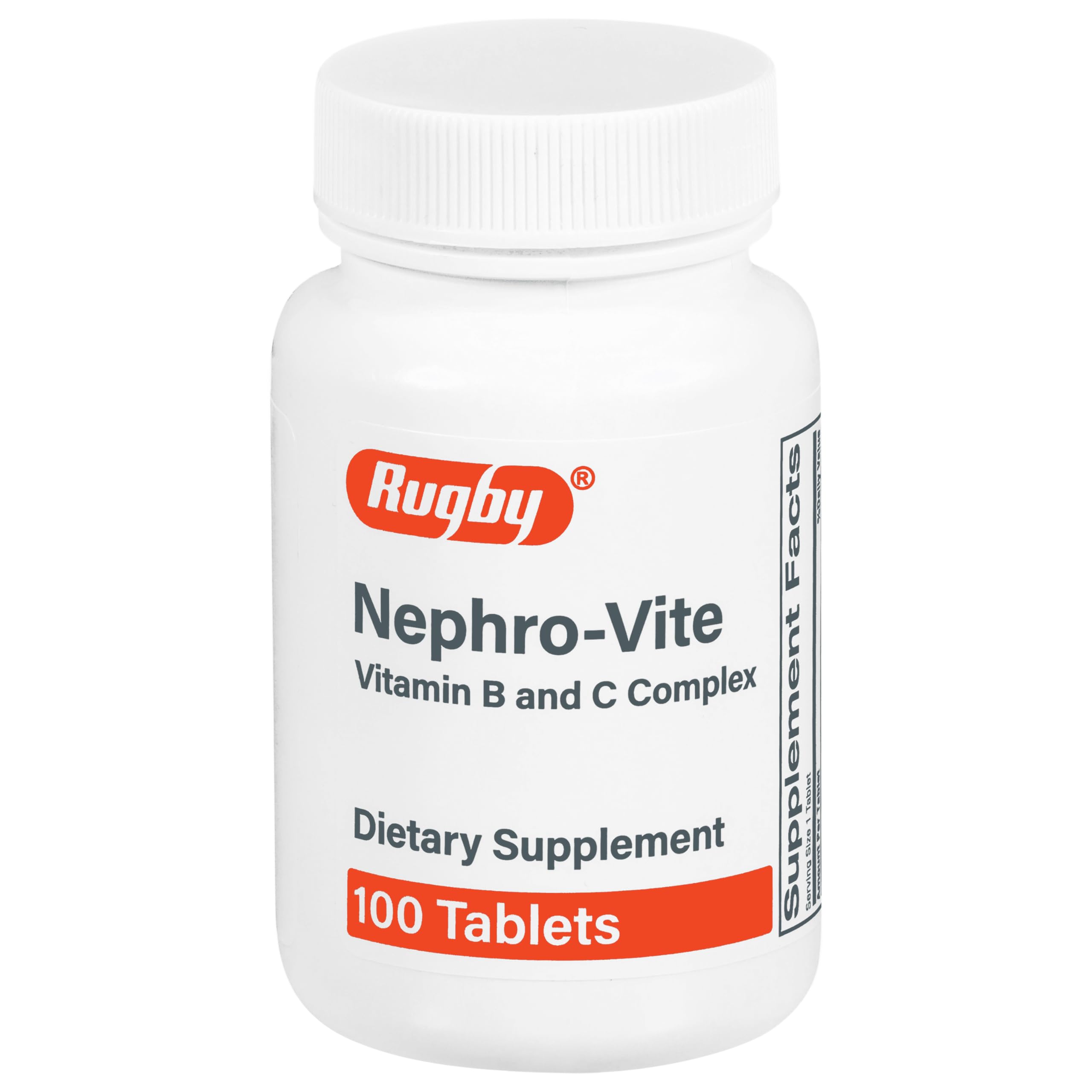 Rugby Nephro-Vite tablets bottle for daily vitamin support.
