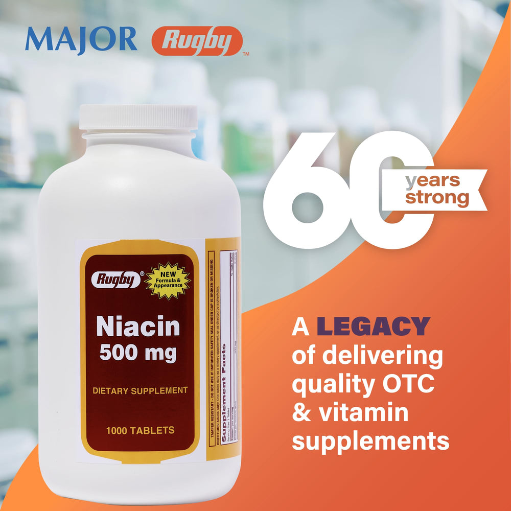 Rugby Niacin 500mg tablets close-up visible for daily use