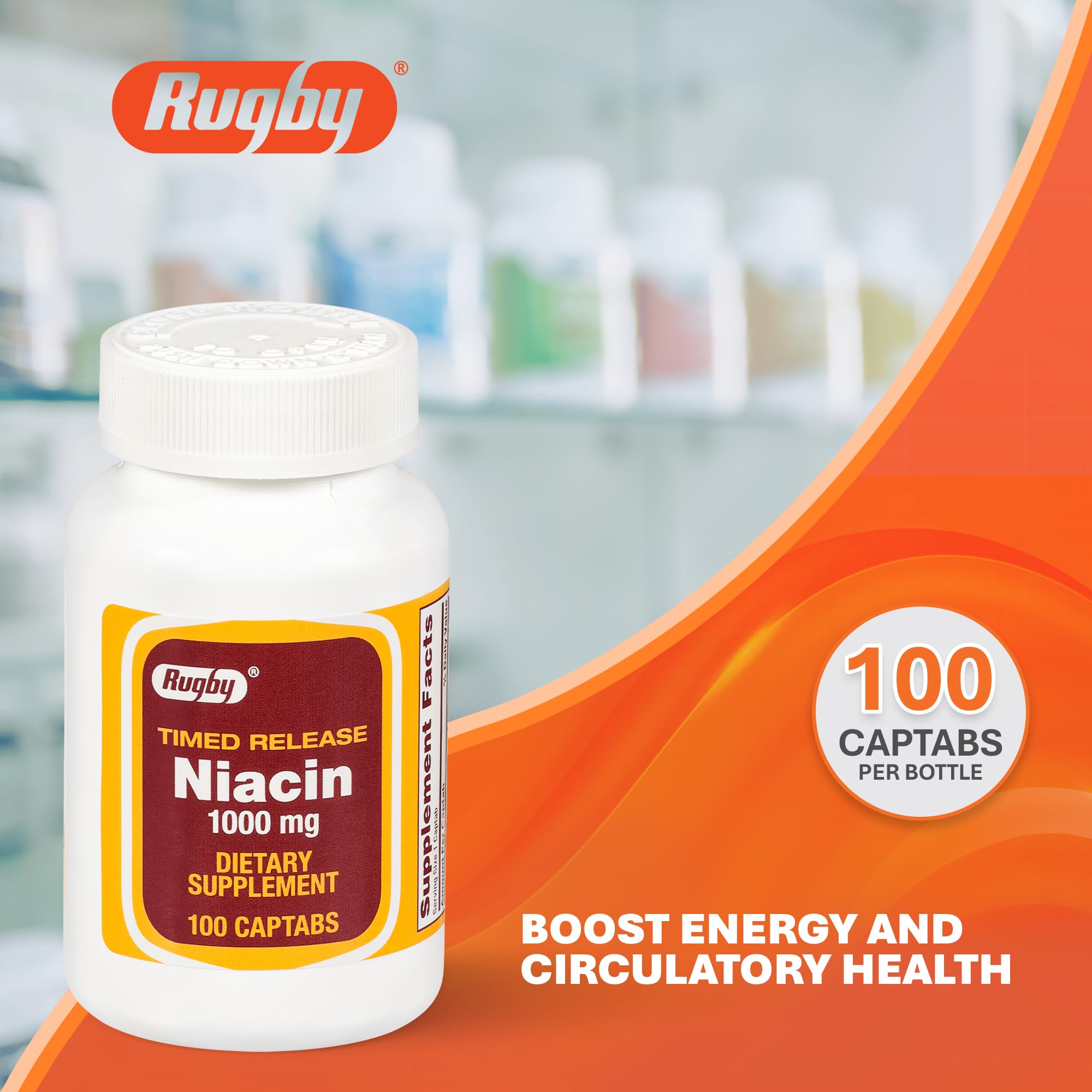 Rugby Niacin 1000mg label close-up showing dosage and release features.