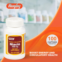 Rugby Niacin 1000mg label close-up showing dosage and release features.