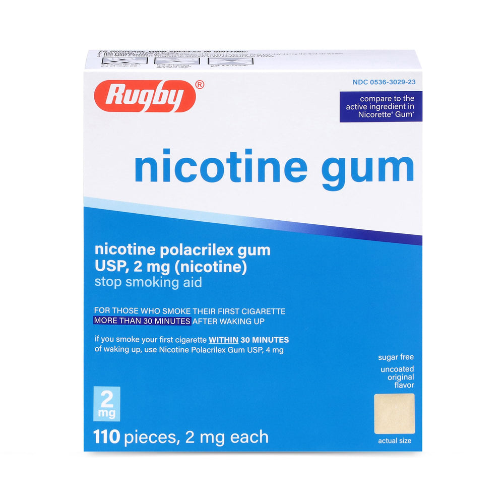 Rugby Polacrilex 2mg nicotine gum original packaging supports on-the-go craving relief.