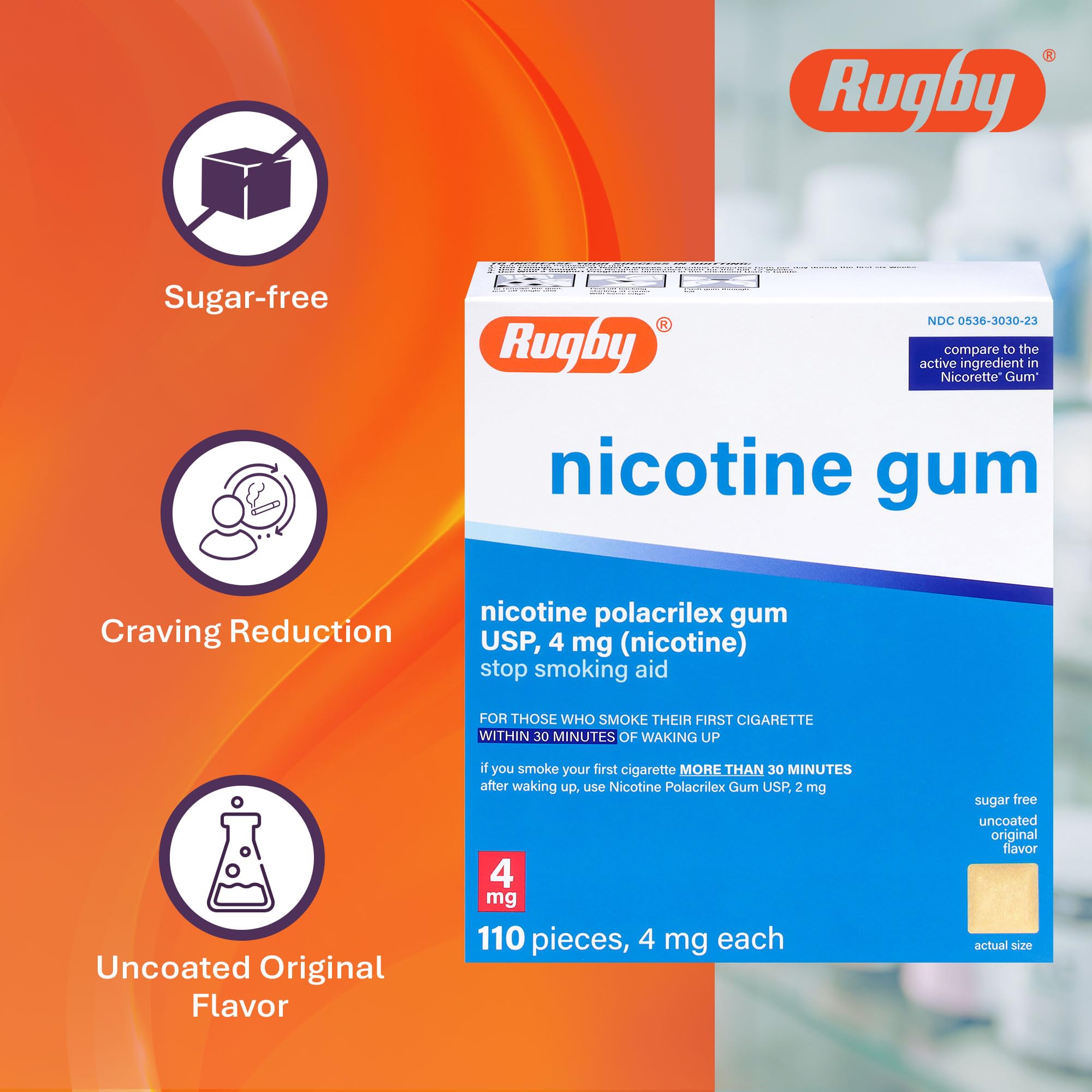Close-up of a gum piece showing texture and dosing for Rugby Polacrilex 4mg.