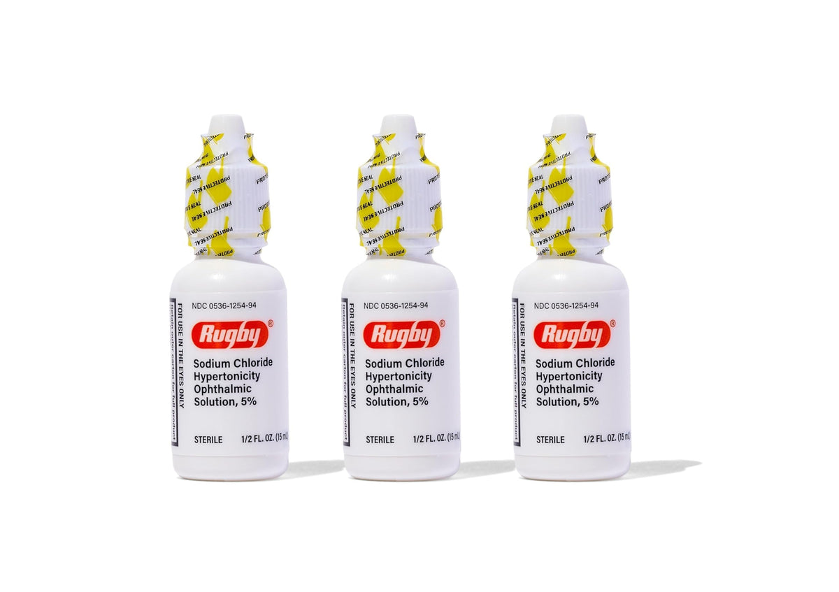Rugby Laboratories 5% eye drops bottle for potential corneal edema symptom support.