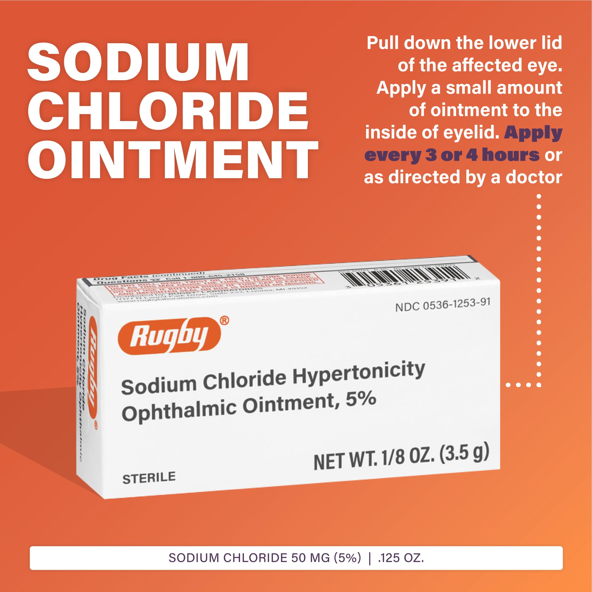 RUGBY Sodium Chloride ophthalmic ointment tube closeup for easy application and quick relief.