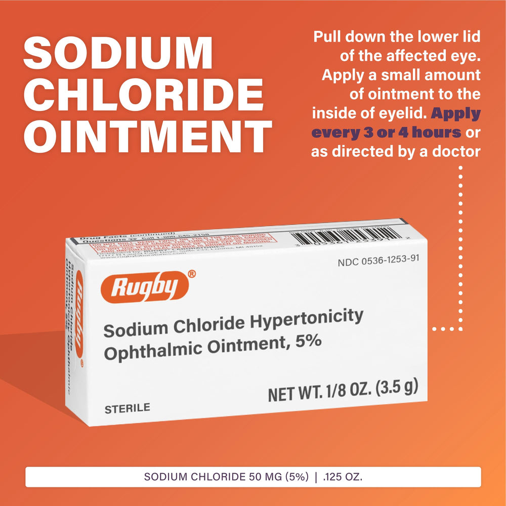 RUGBY Sodium Chloride ophthalmic ointment tube closeup for easy application and quick relief.