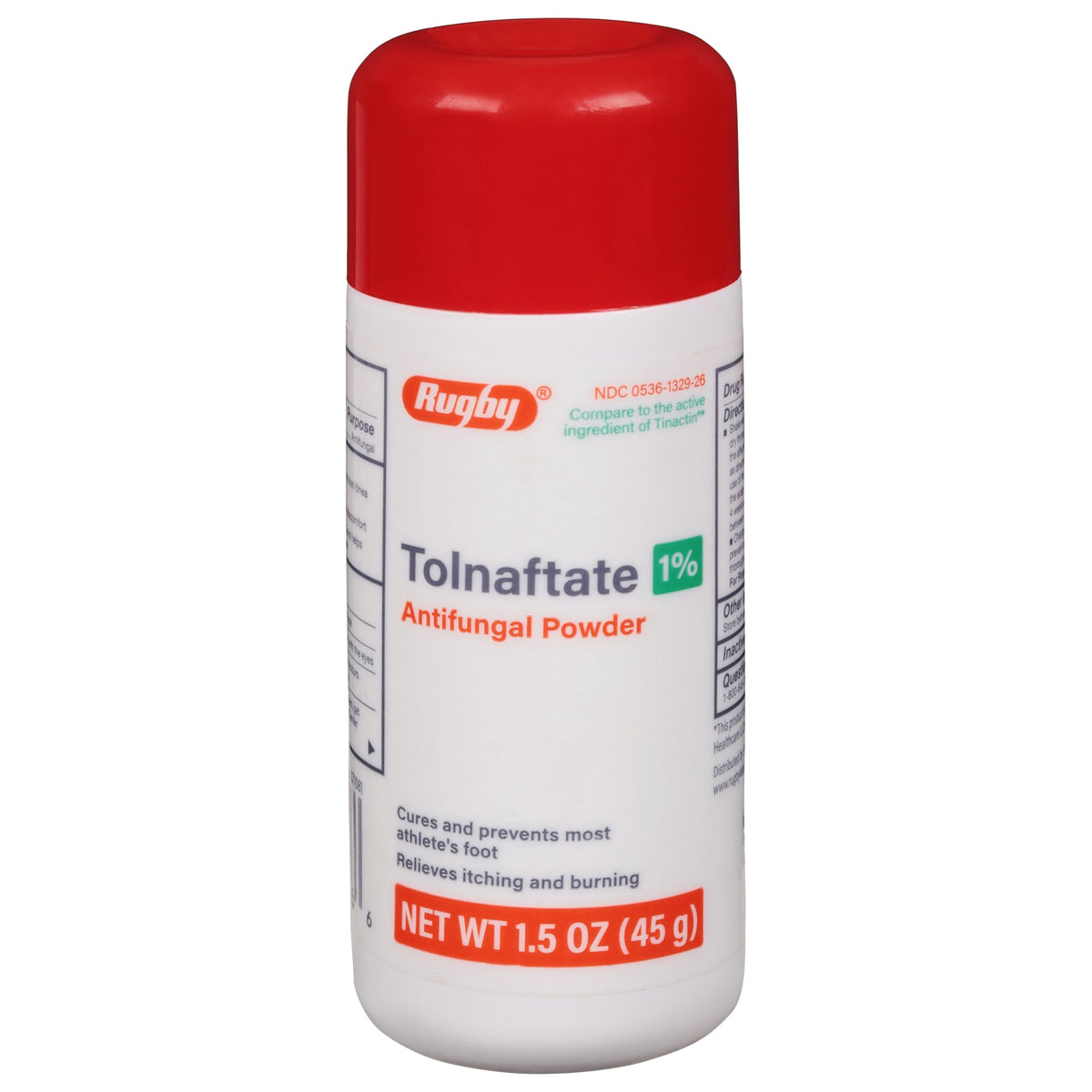 Rugby Tolnaftate powder jar shows 1% antifungal formula for foot comfort.