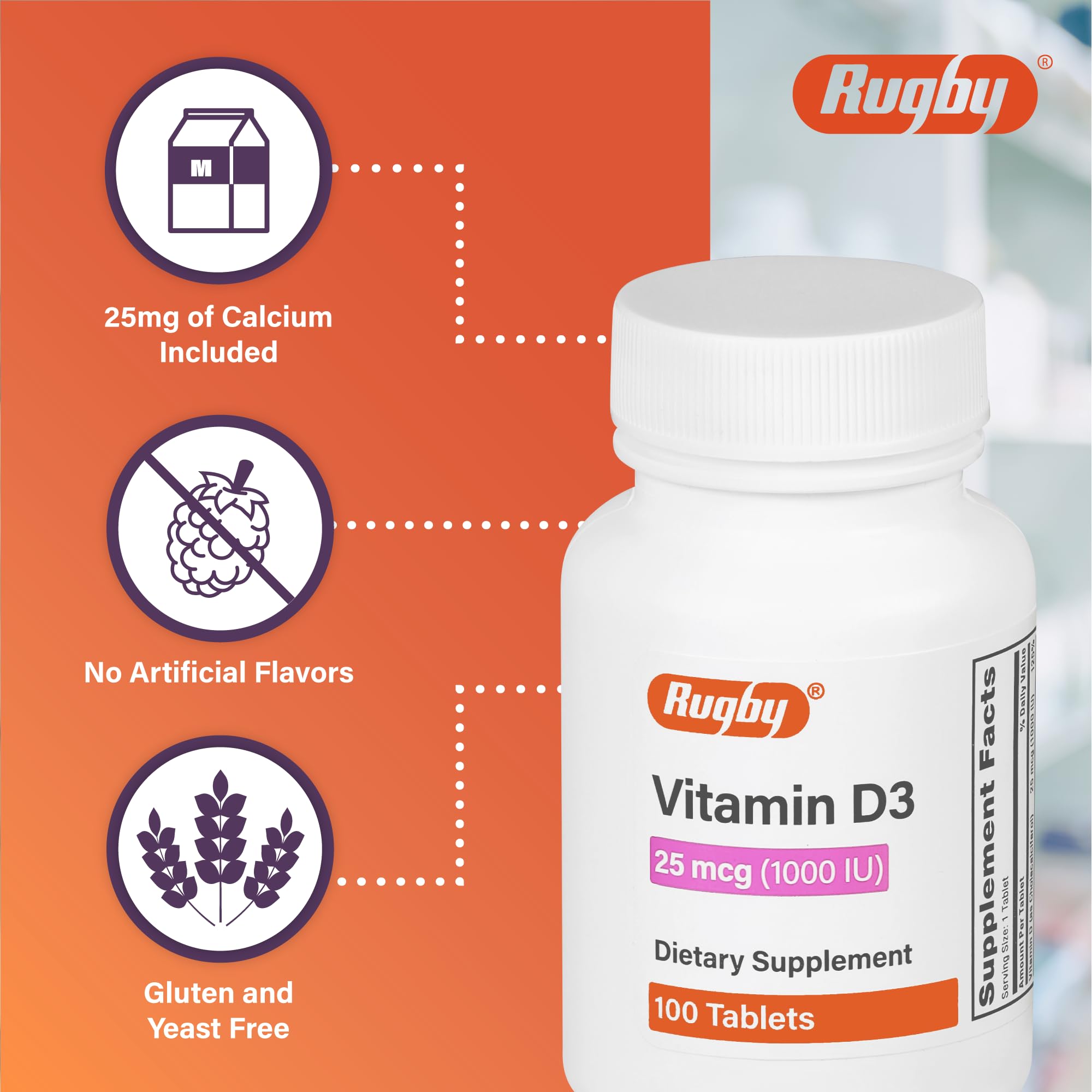 Rugby Vitamin D3 tablet close-up of label with 1,000 IU.