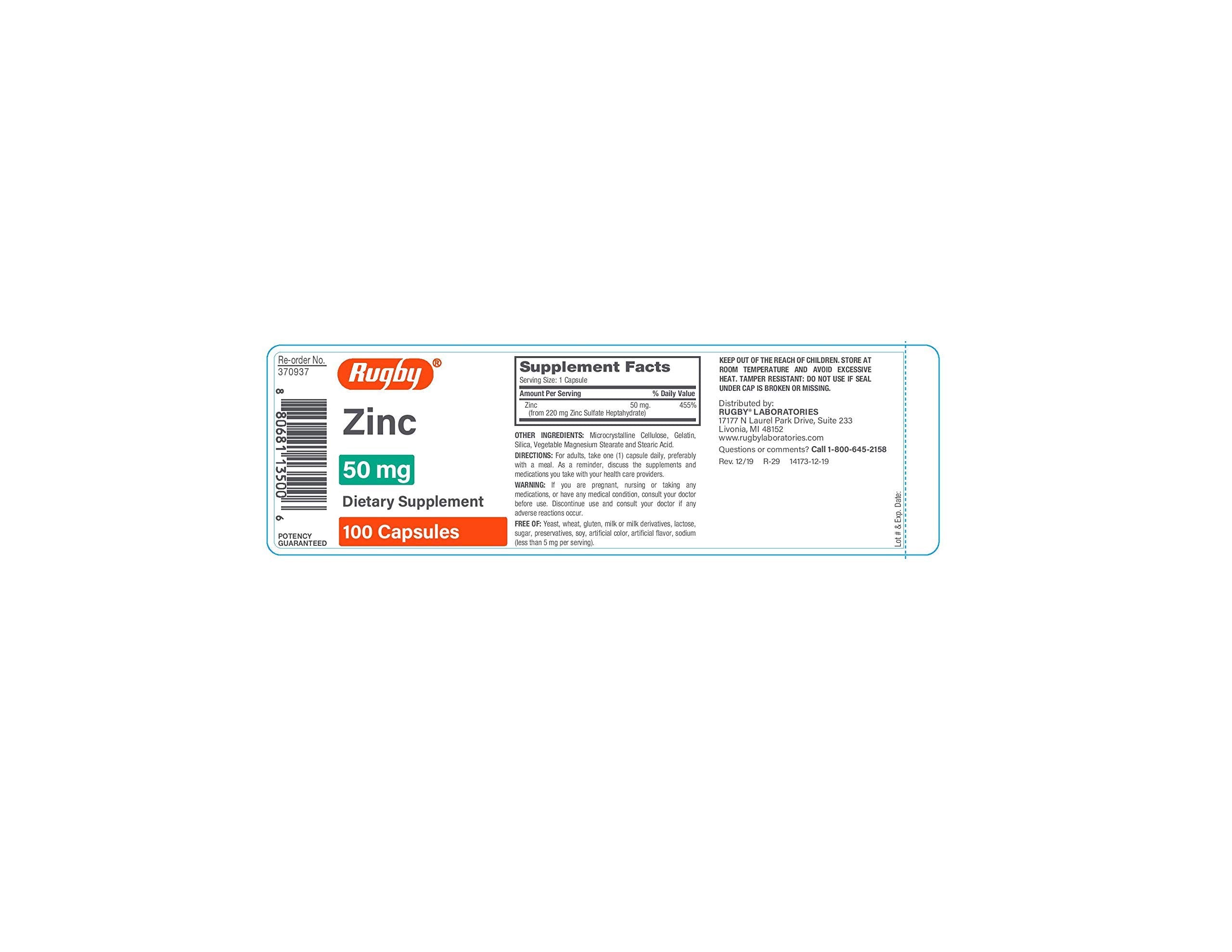 Rugby Zinc 50 mg capsules ready to take as part of daily routine