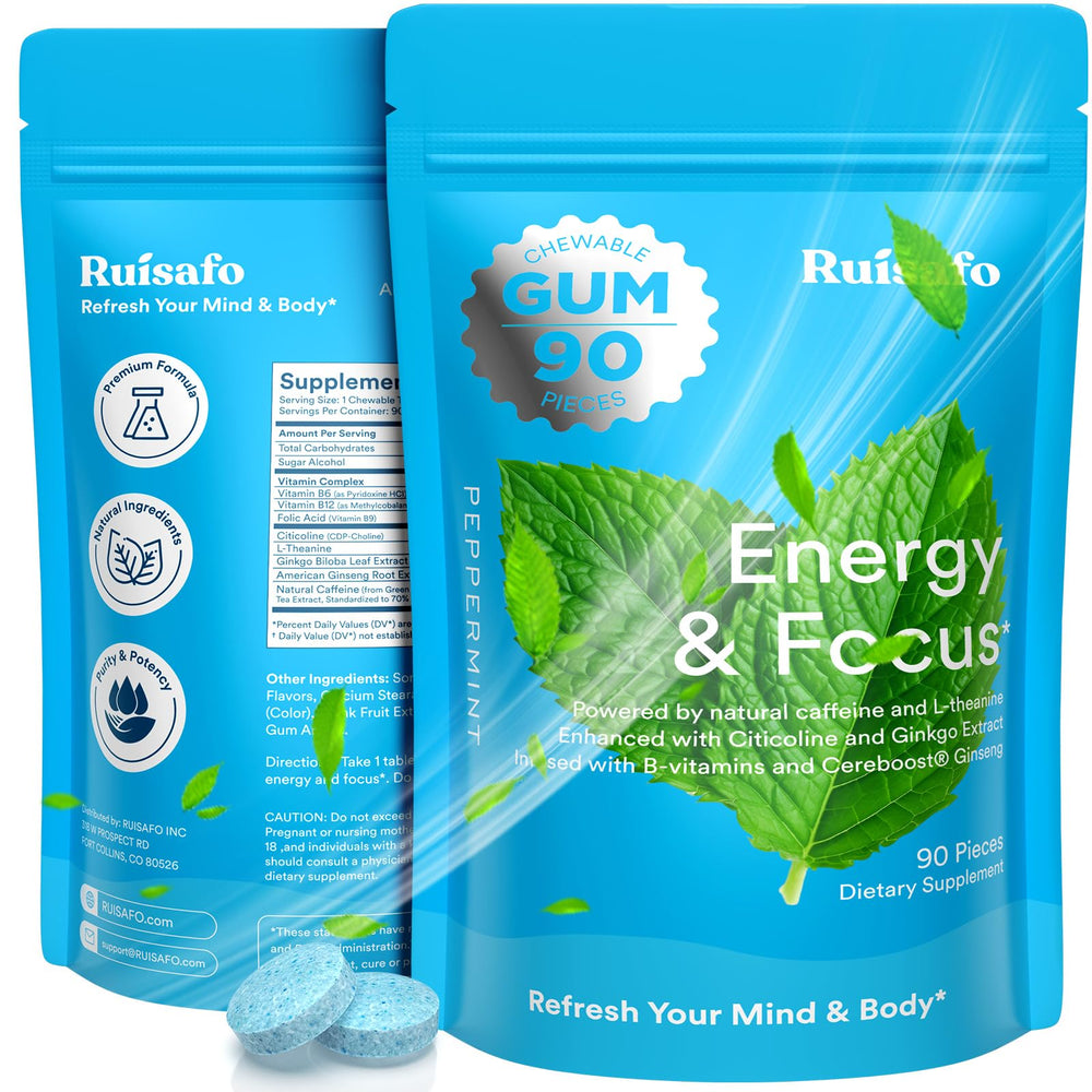 RUISAFO Focus Gum 60mg caffeine for quick focus and sustained energy.