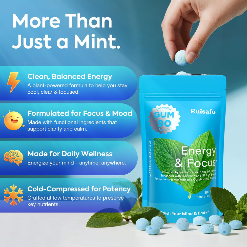 RUISAFO Focus Gum B12 and B6 support daily energy and alertness.