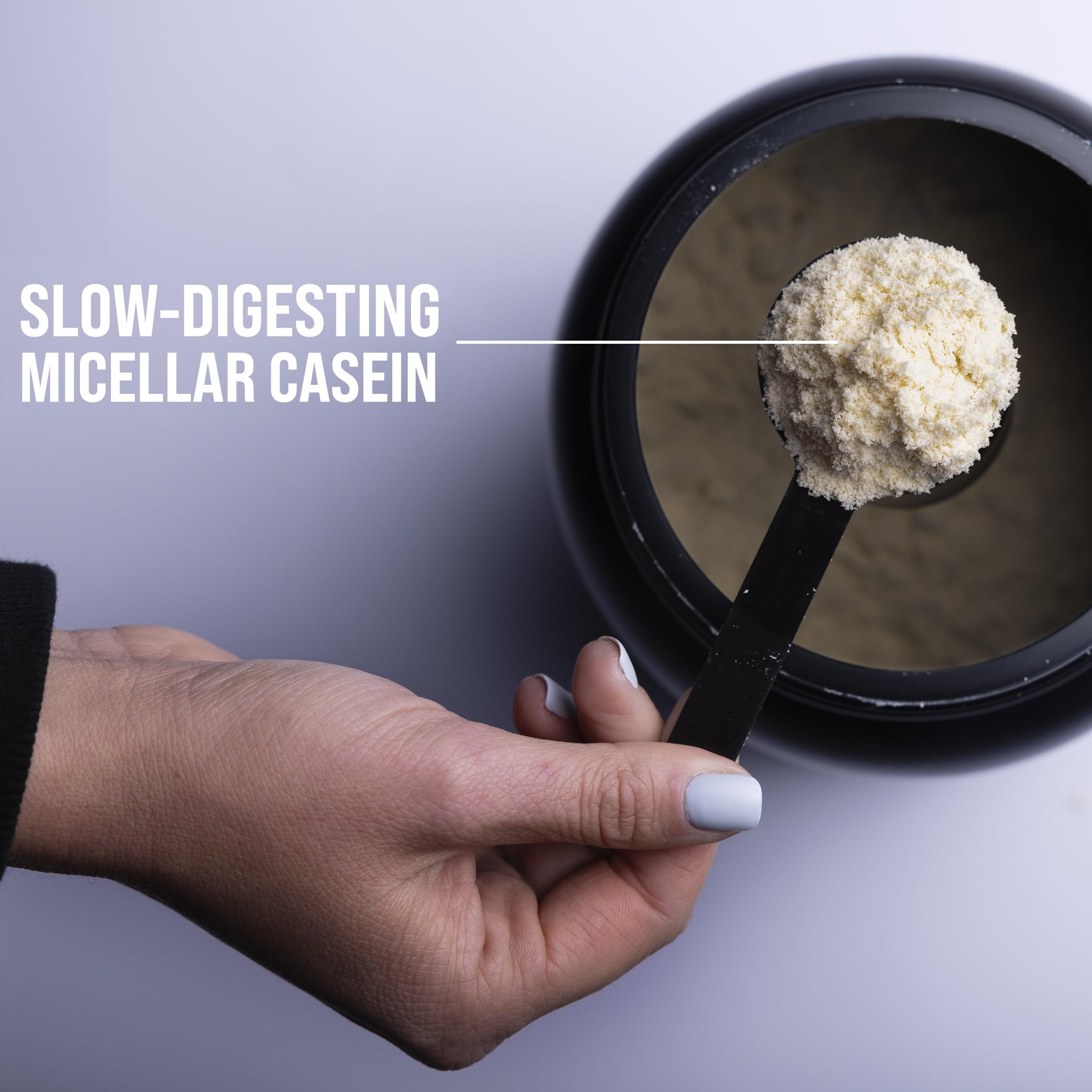 Rule 1 Casein Protein Vanilla Creme bottle with glass for between-meal fueling