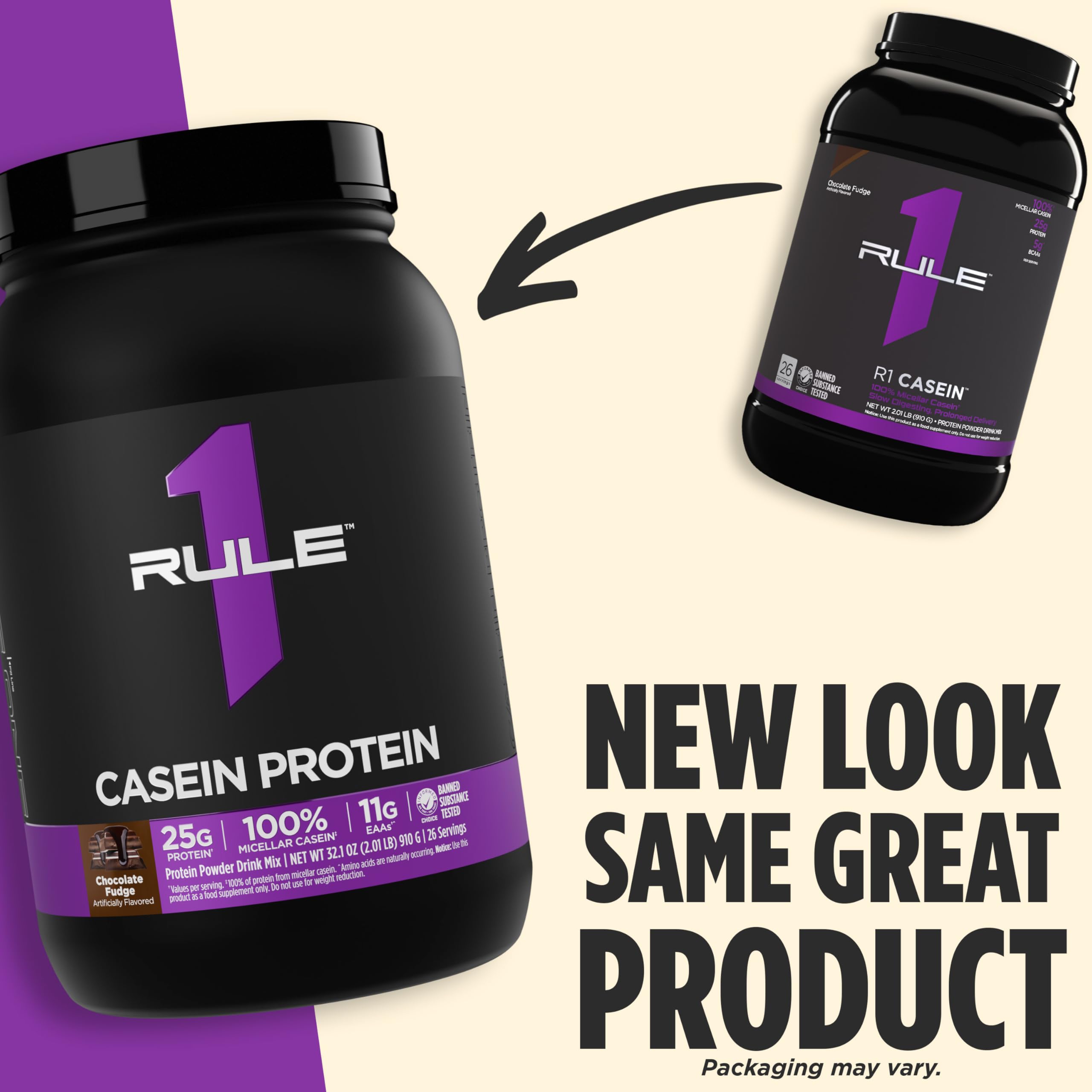 Rule 1 Casein Protein Vanilla Creme label close-up with manufacturing and testing details
