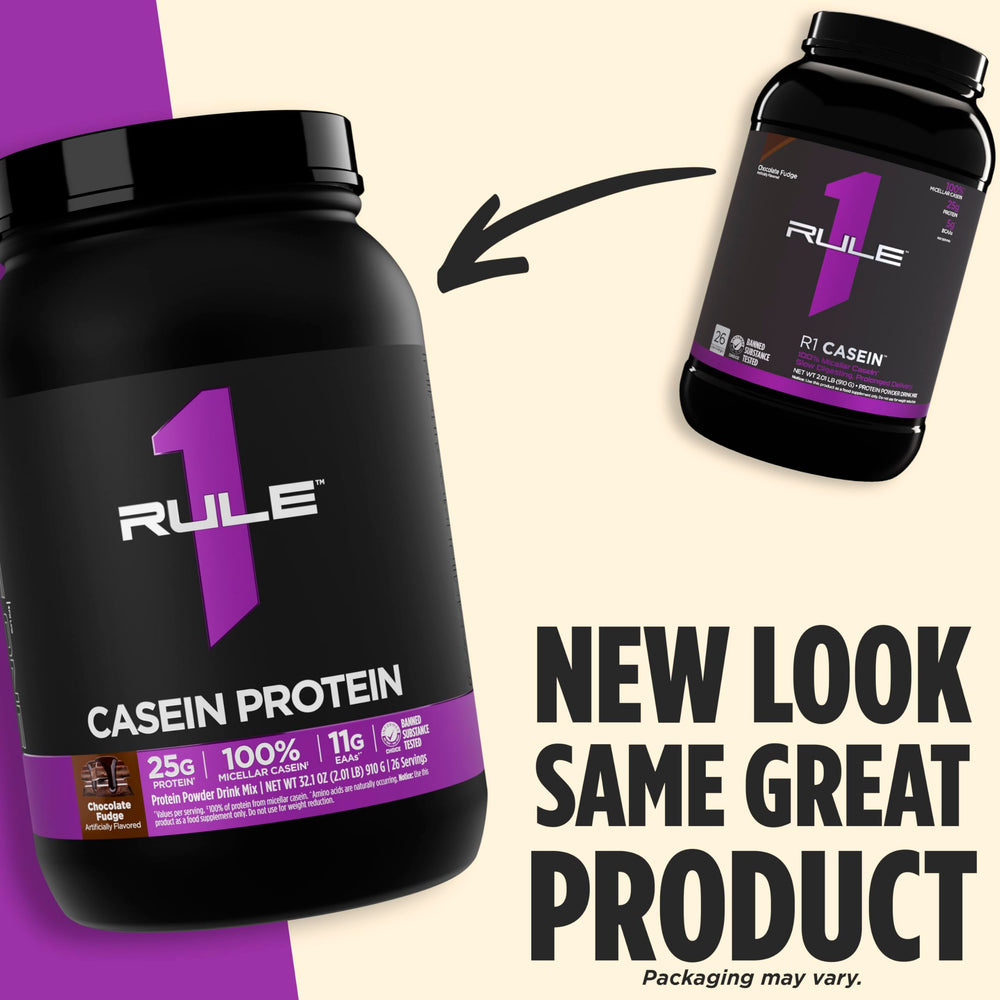 Rule 1 Casein Protein Vanilla Creme label close-up with manufacturing and testing details