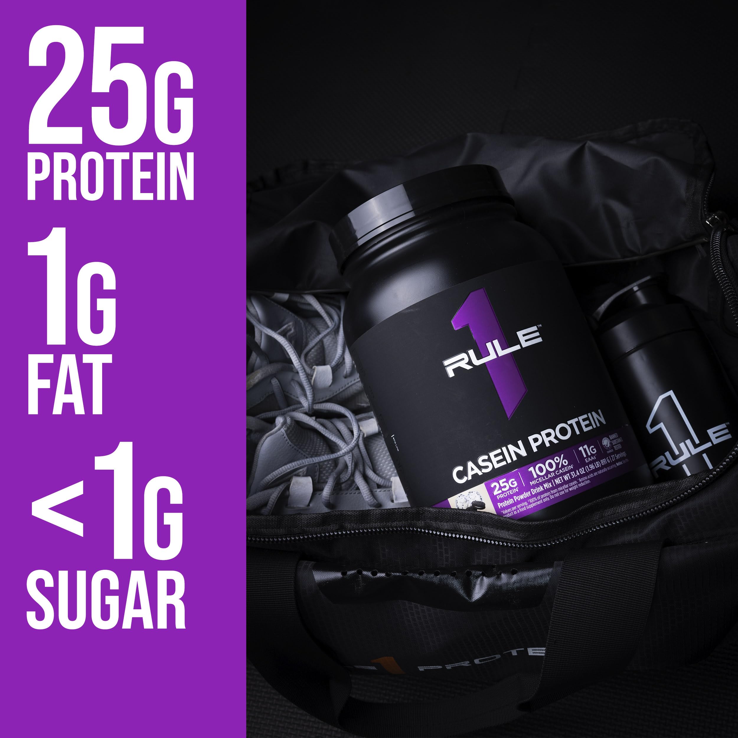 Rule 1 Casein Protein Vanilla Creme mixing glass prepared for a smooth shake