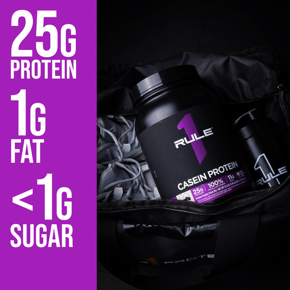 Rule 1 Casein Protein Vanilla Creme mixing glass prepared for a smooth shake