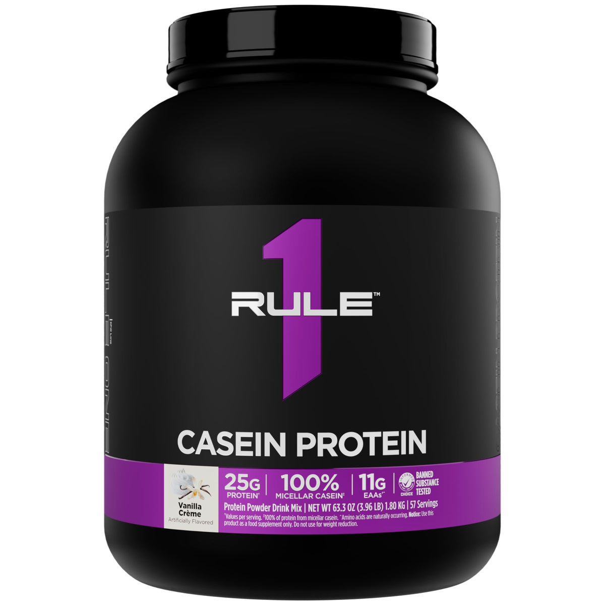 Rule 1 Casein Protein Vanilla Creme tub front highlights 25g protein per serving