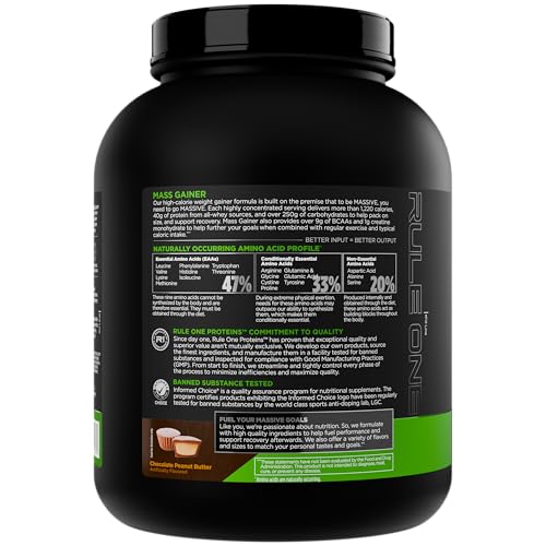 Rule 1 Mass Gainer blended in a shaker highlights creaminess for post-workout recovery.