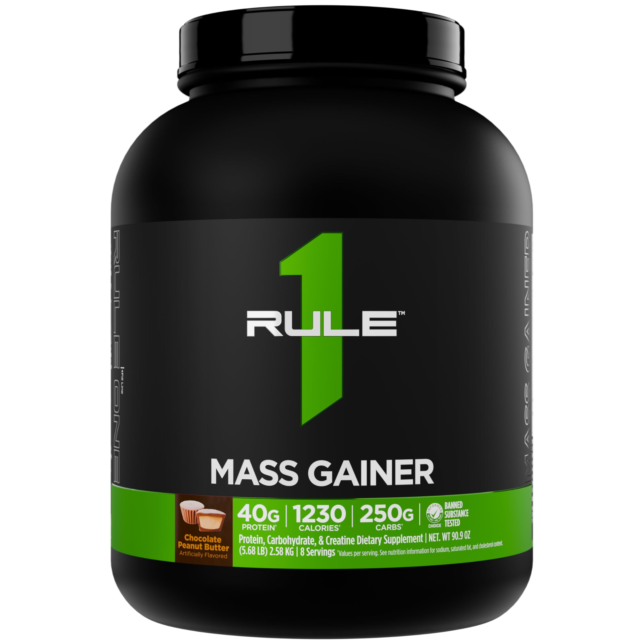 Rule 1 Mass Gainer shake in a glass emphasizing calorie-dense energy for weight gain goals.