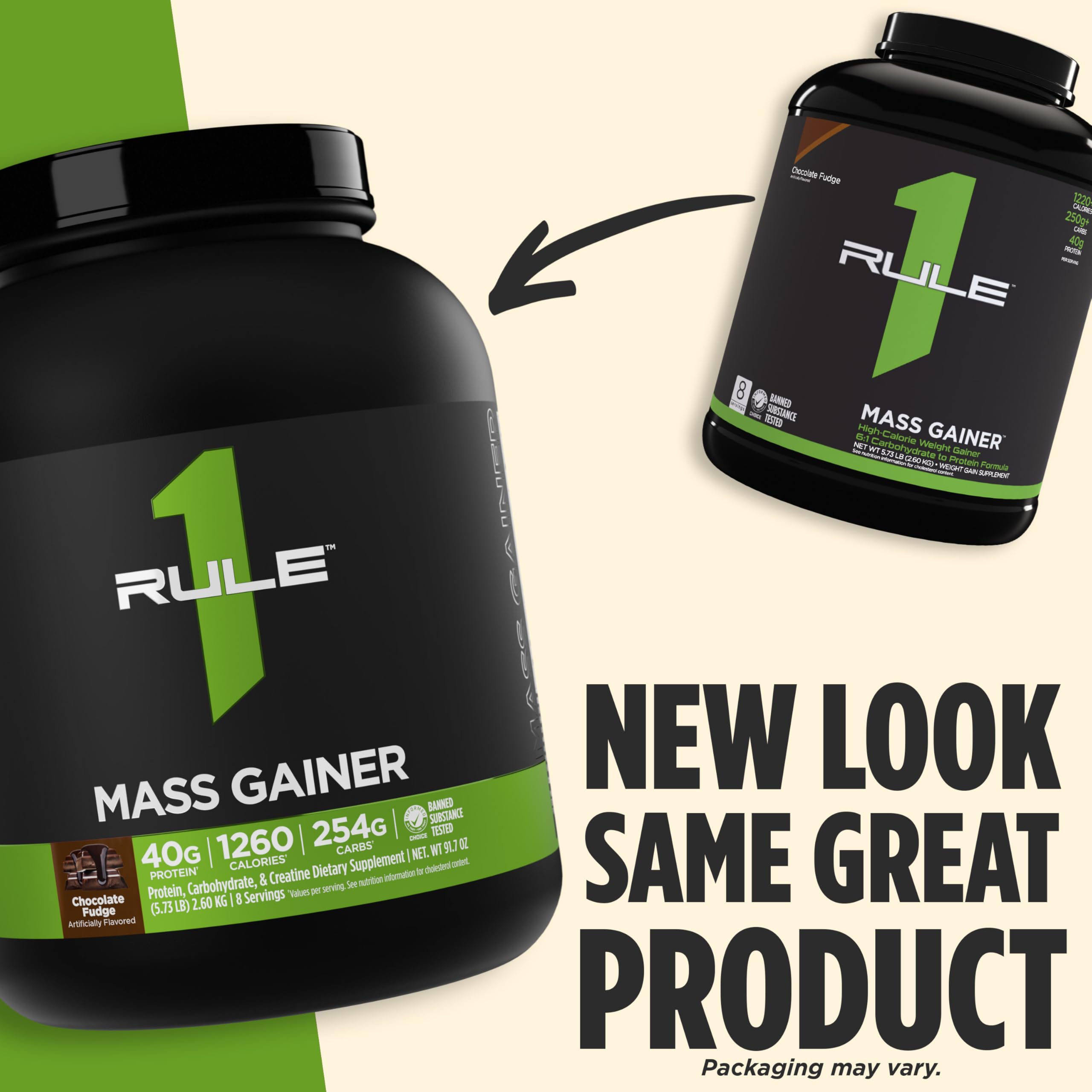 Rule 1 Mass Gainer creatine-boost label signals added performance support.