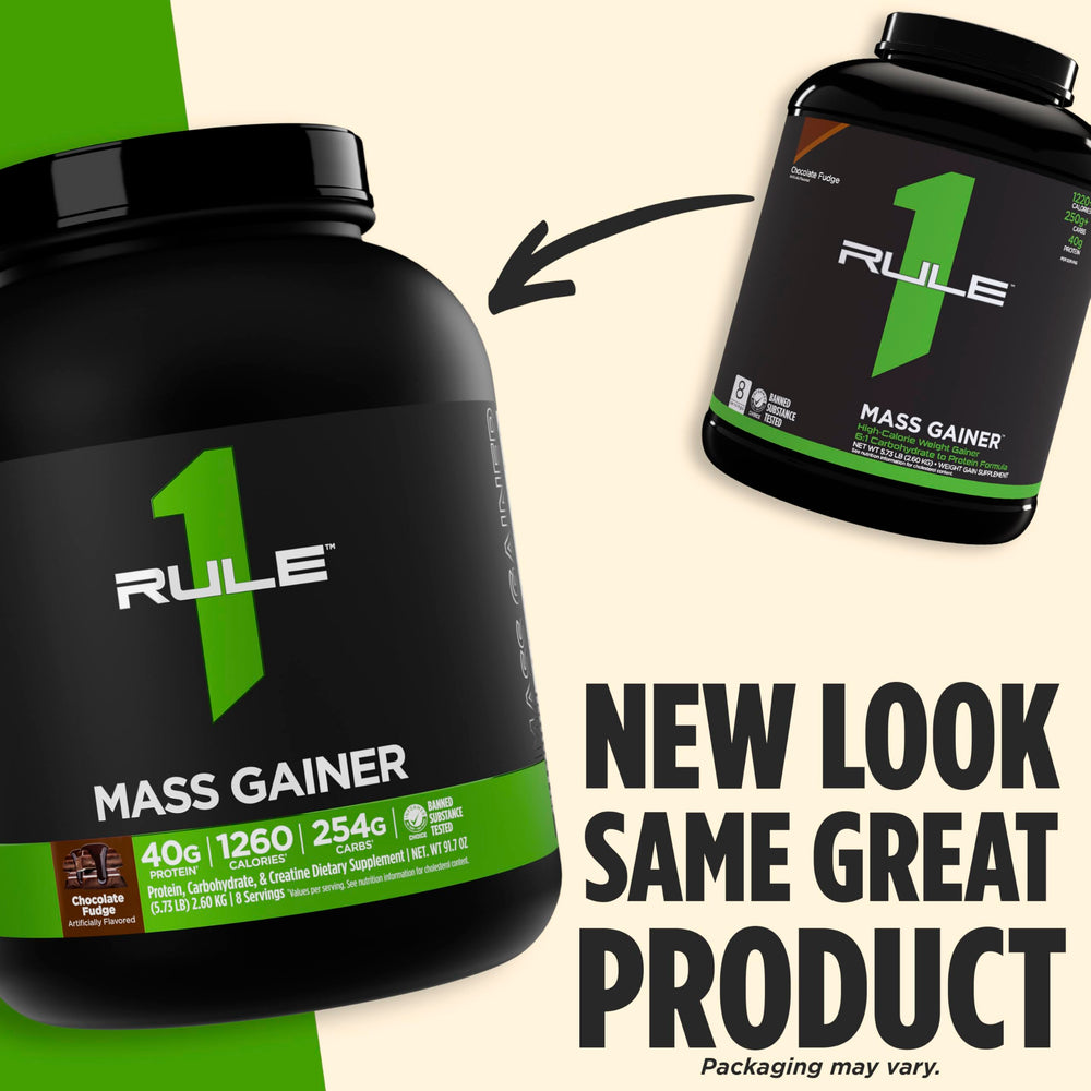 Rule 1 Mass Gainer creatine-boost label signals added performance support.