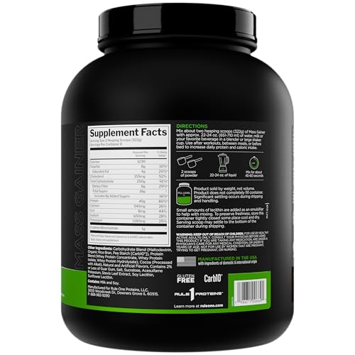 Rule 1 Mass Gainer serving scoop shows convenient eight-serving packaging for steady fueling.