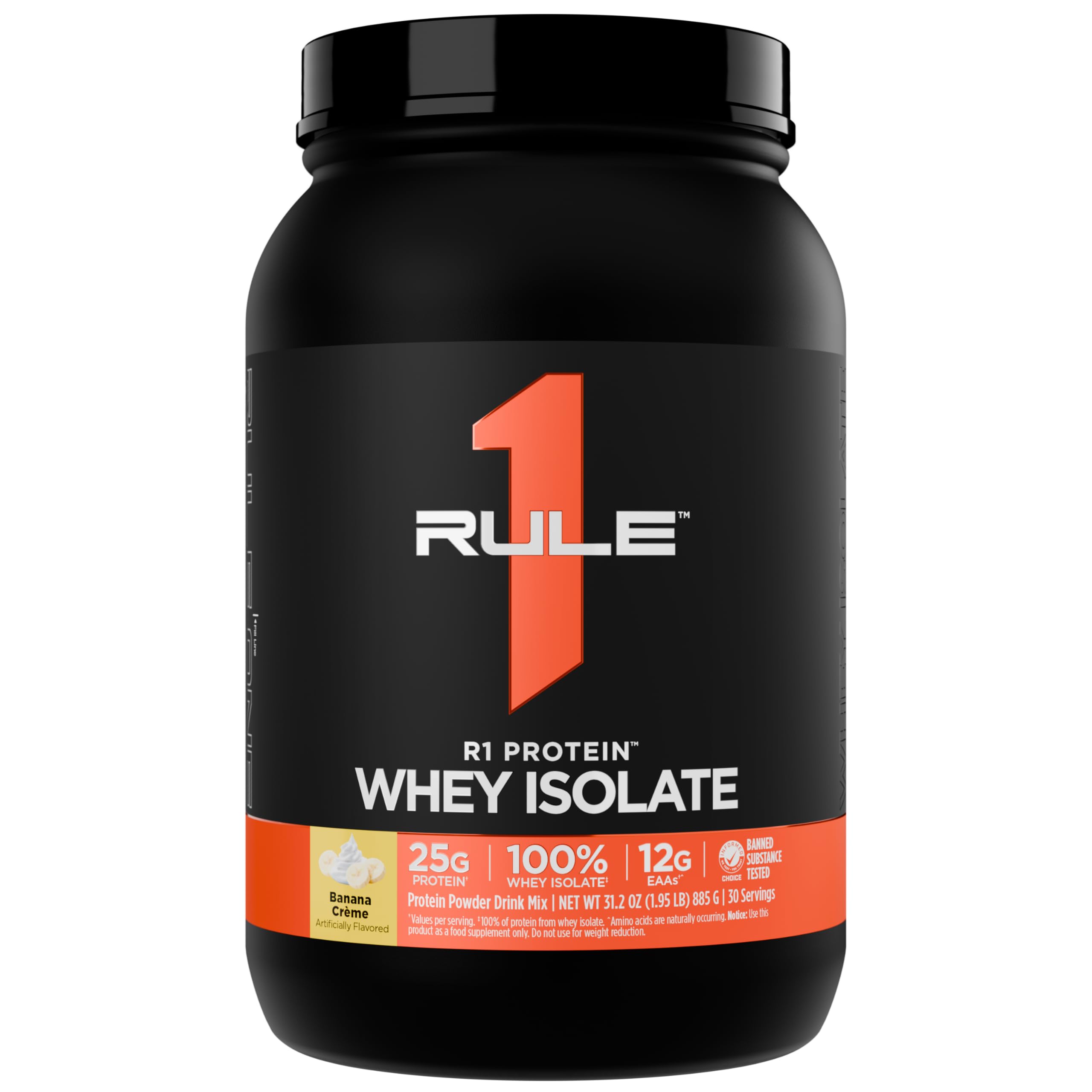 Rule 1 R1 Protein Whey Isolate Banana Creme tub ready to mix for post-workout recovery