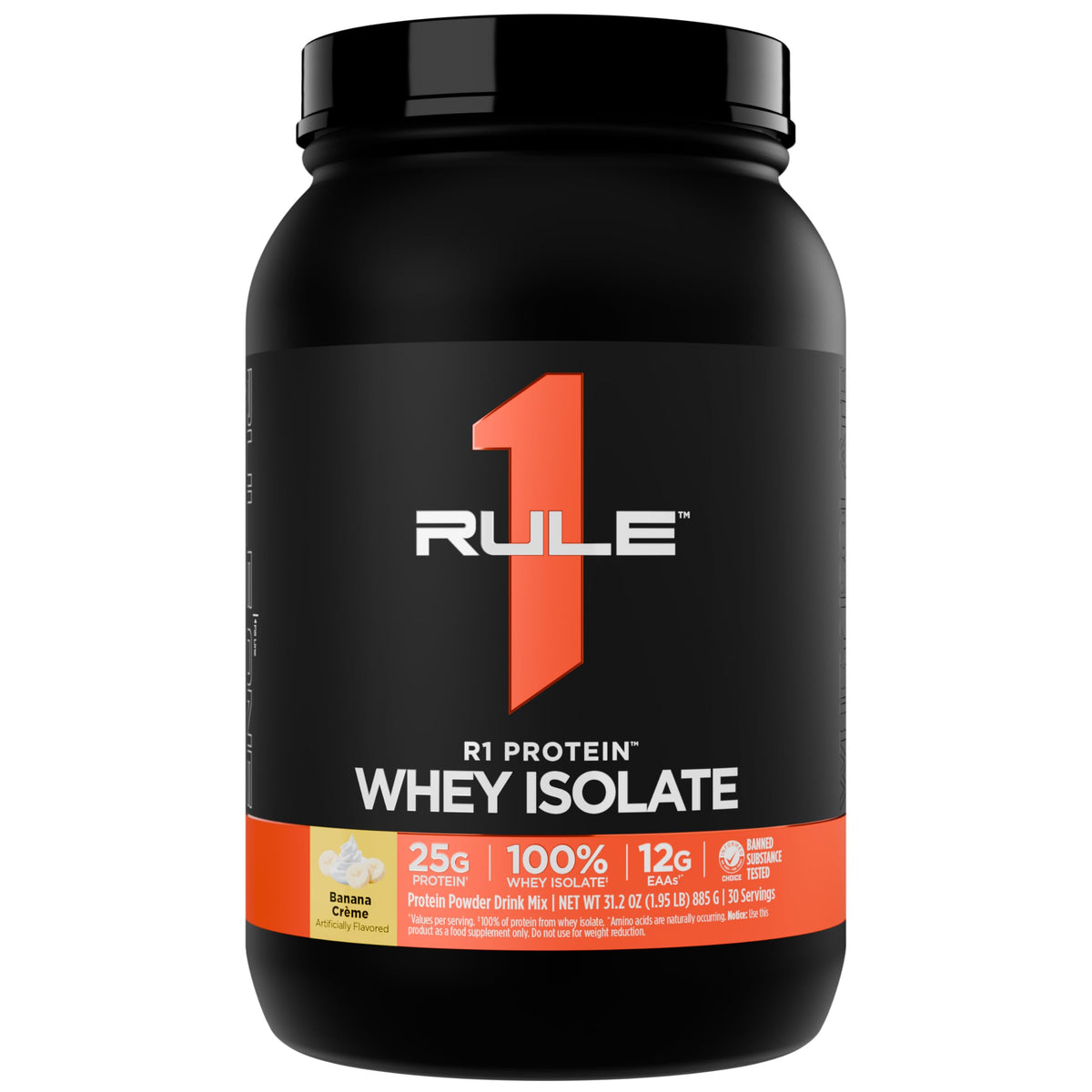 Rule 1 R1 Protein Whey Isolate Banana Creme tub ready to mix for post-workout recovery