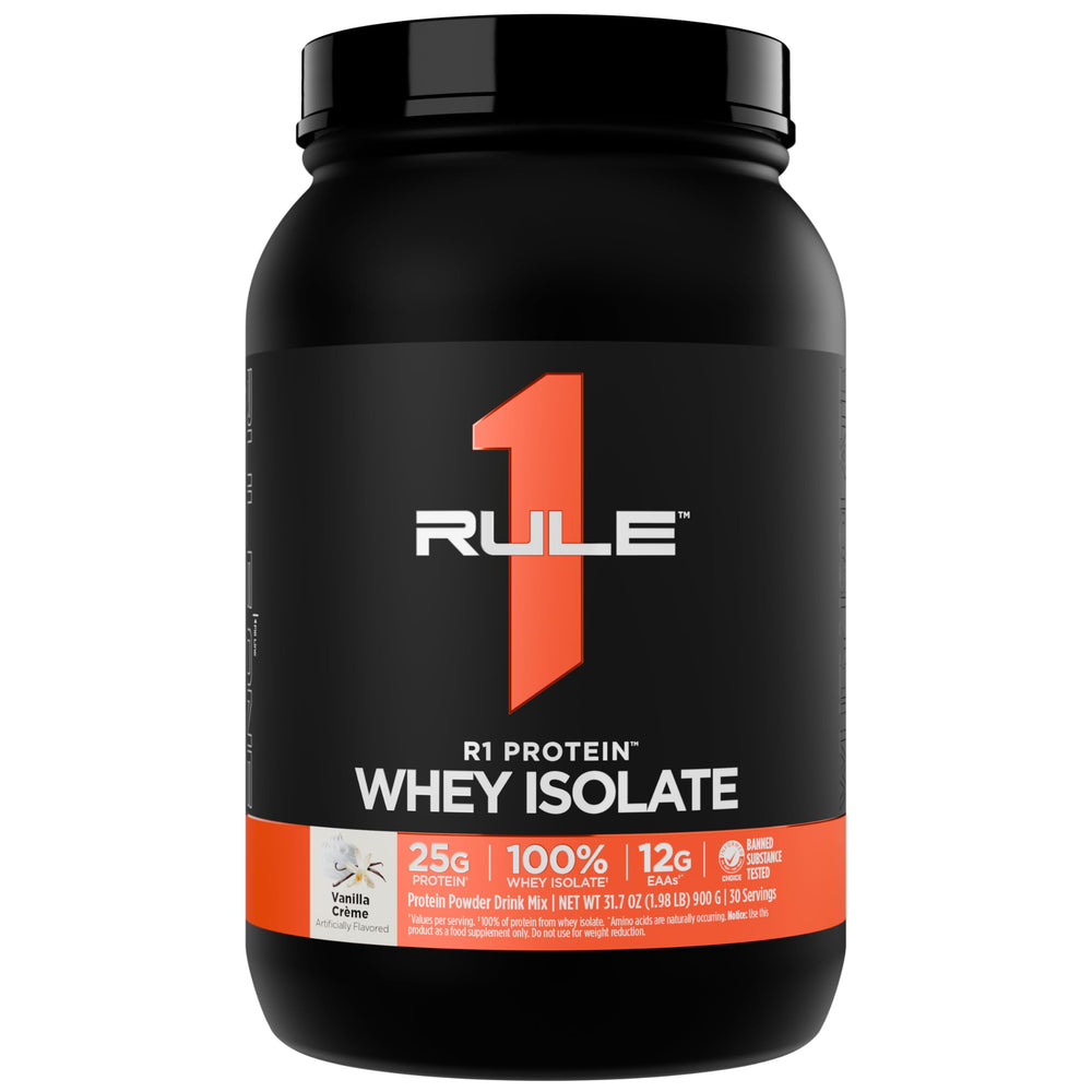 Rule 1 Protein Whey Isolate Vanilla Creme tub ready for a high-protein serving