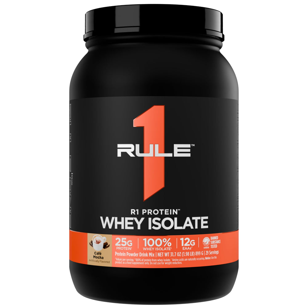 Rule 1 Proteins R1 Whey Isolate bottle front, premium protein.