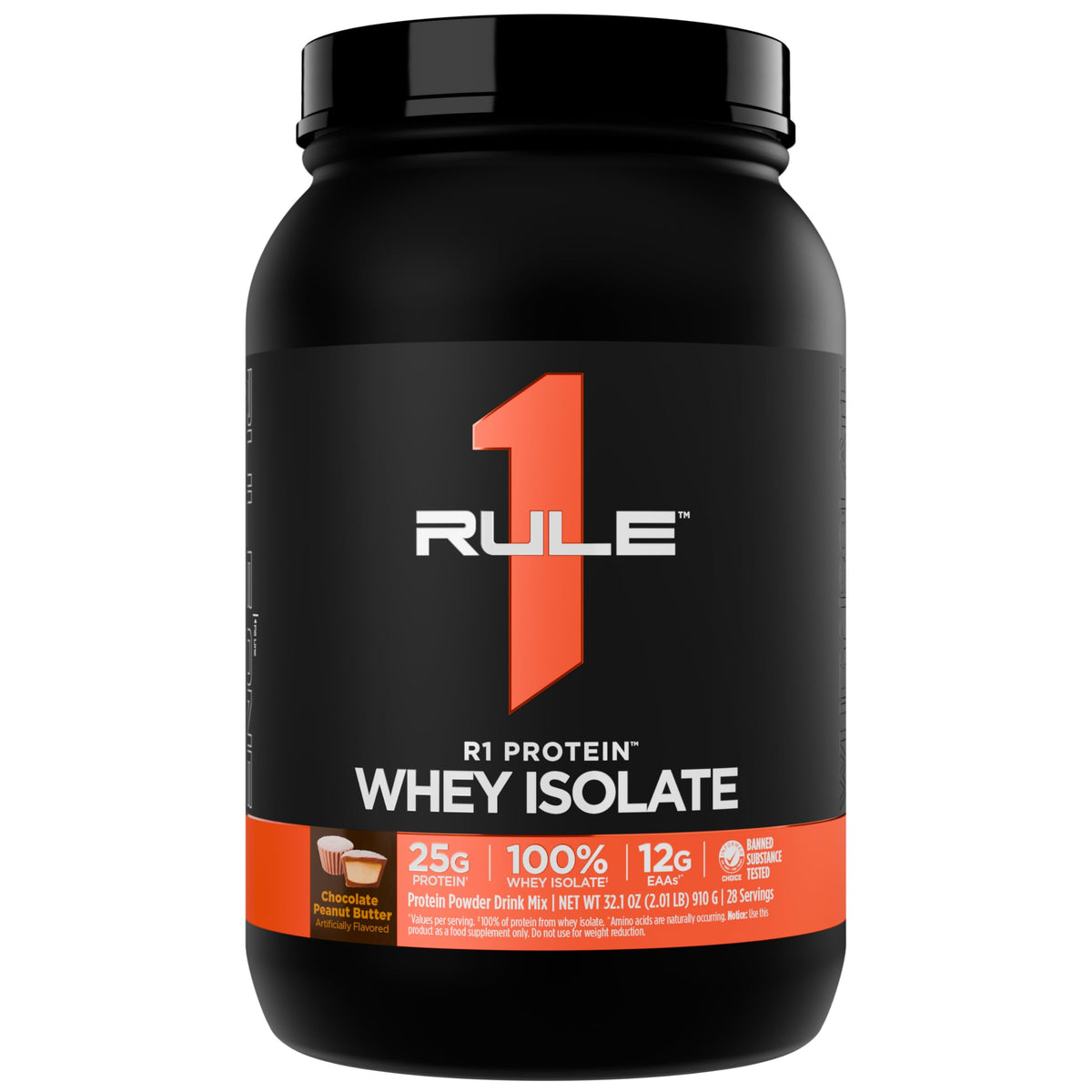 Rule 1 Proteins R1 Whey Isolate bottle on counter, fast-acting protein for post-workout recovery.