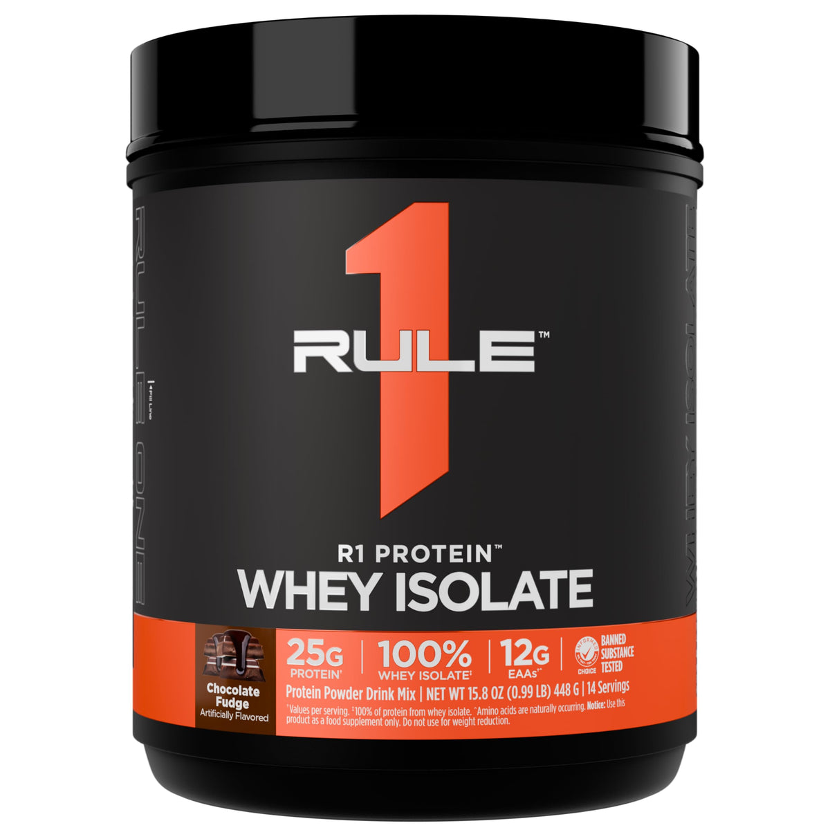 Rule 1 Proteins R1 Whey Isolate bottle with chocolate fudge flavor for post-workout fueling