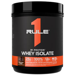 Rule 1 Proteins R1 Whey Isolate bottle with chocolate fudge flavor for post-workout fueling