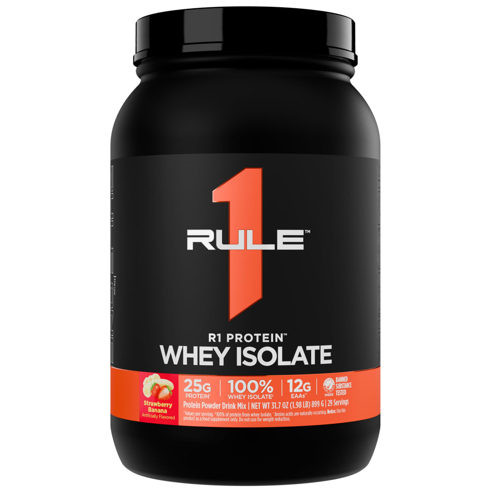 Rule 1 Proteins R1 Whey Isolate bottle ready for post-workout recovery.