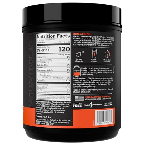 Rule 1 Proteins R1 Whey Isolate scoop ready to mix with water or milk