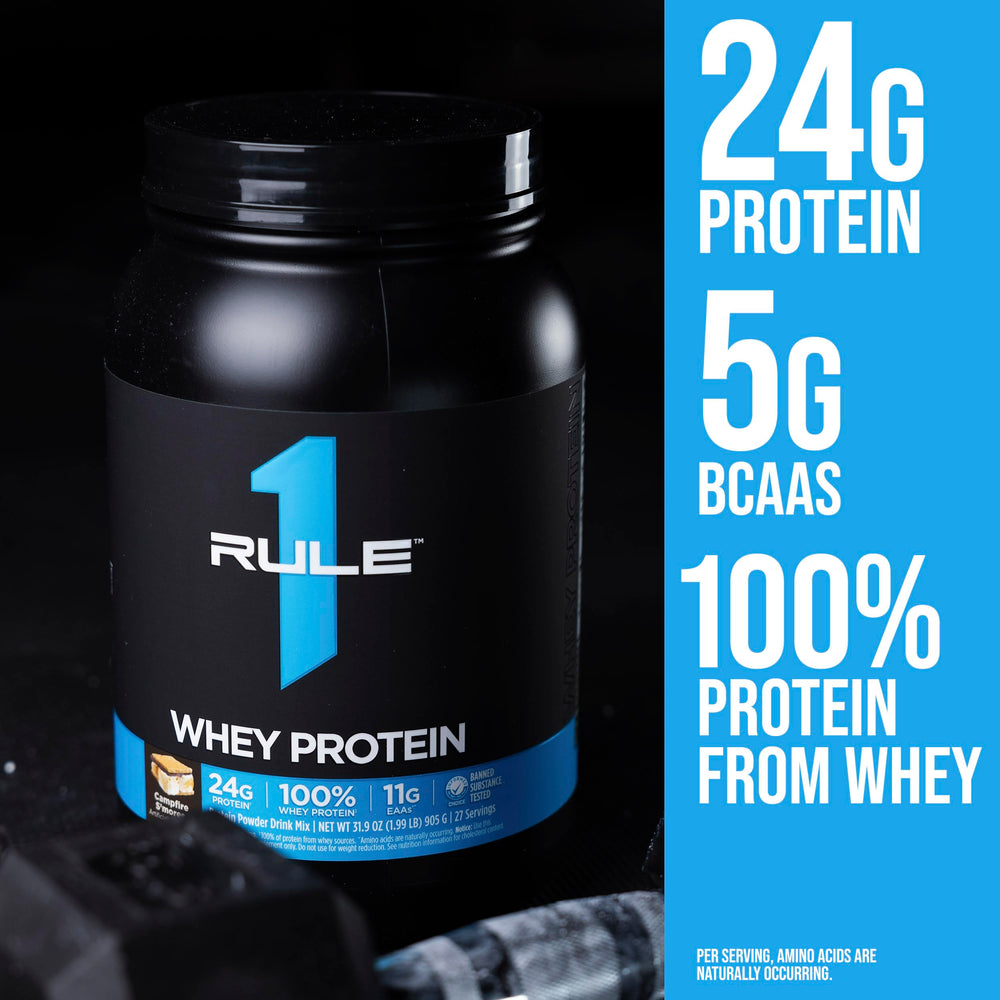 Rule 1 Proteins Whey Protein glass shake with creamy texture and flavor