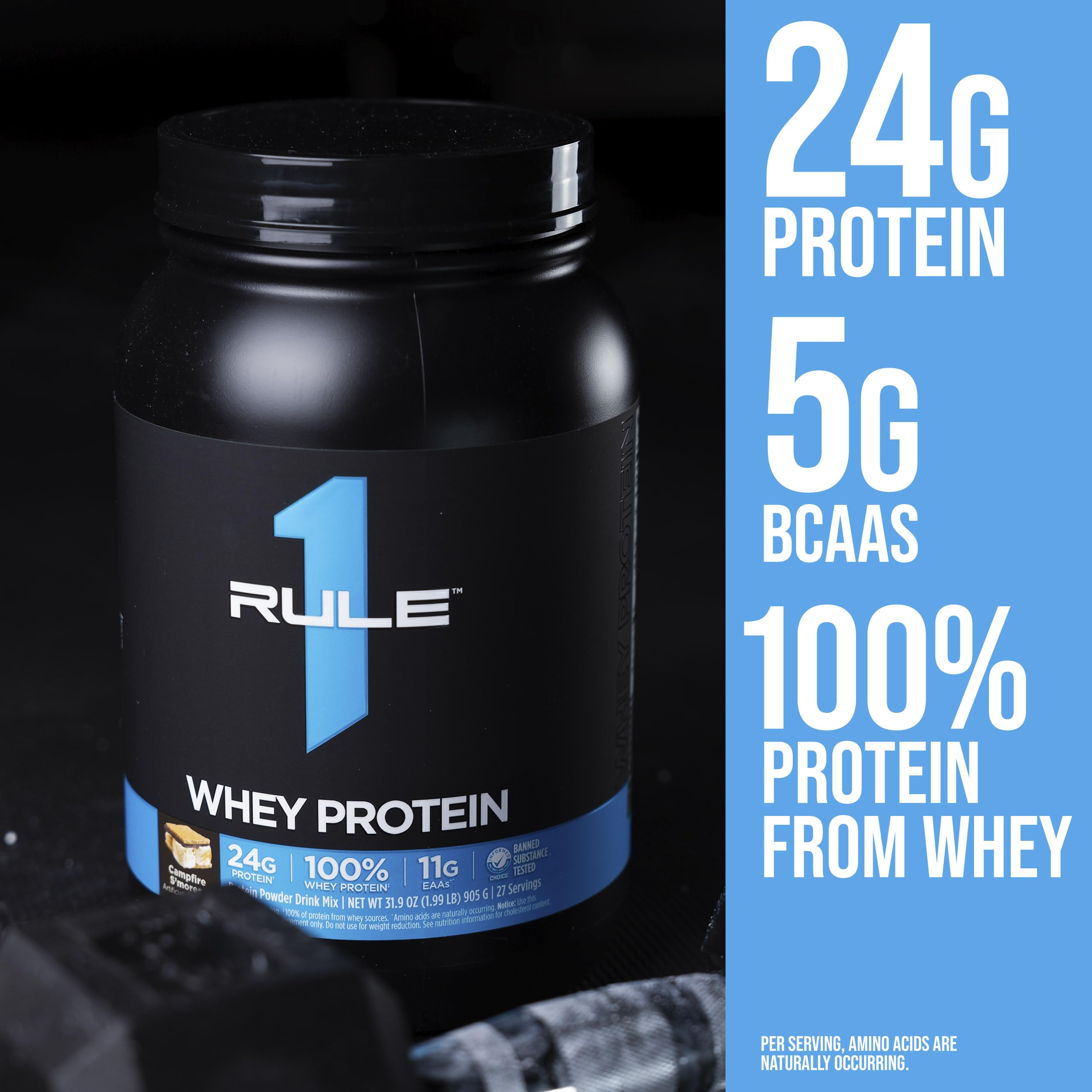 Rule 1 Proteins Whey Protein powder in mixing glass for smooth shake