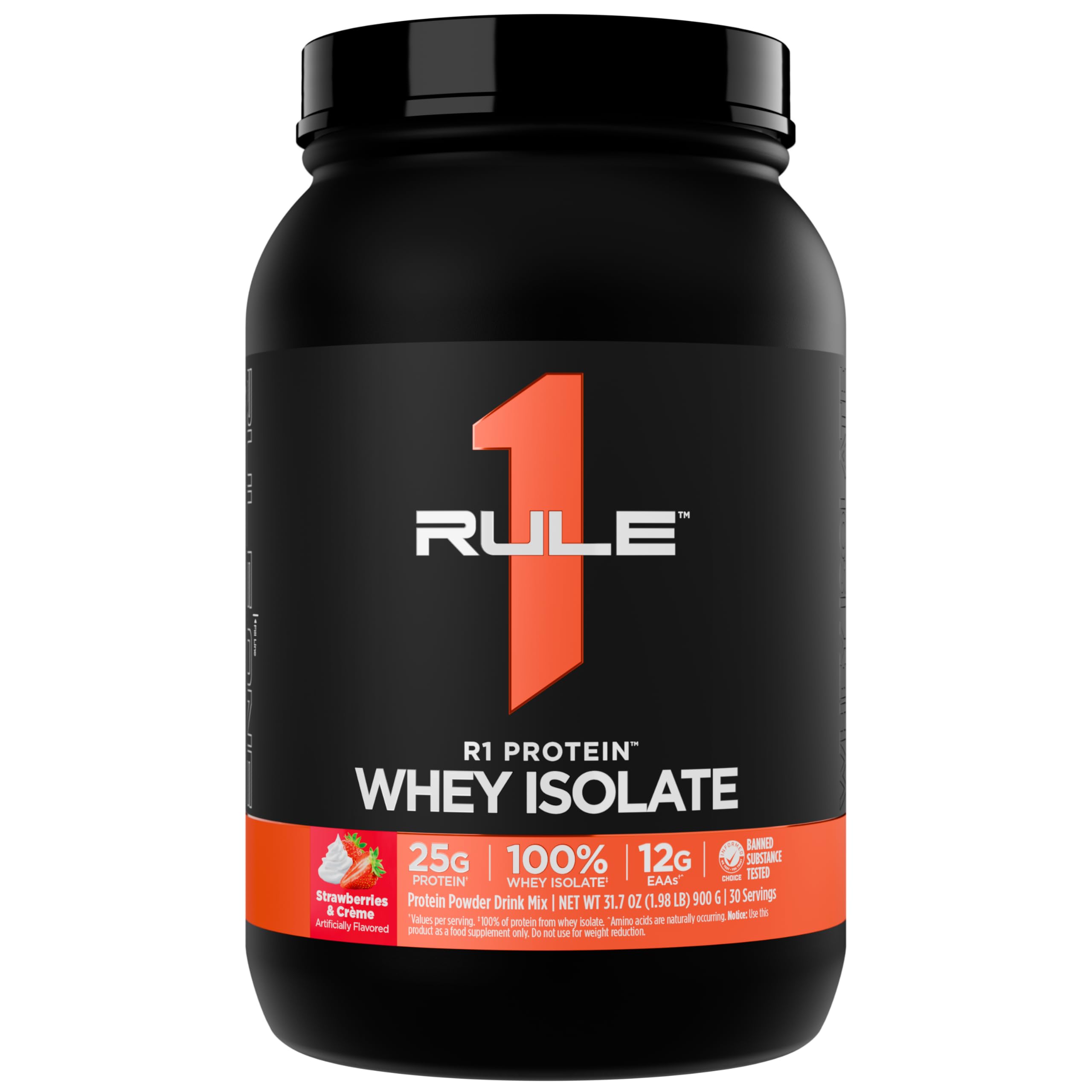 Rule 1 R1 Protein Whey Isolate bottle in Strawberries & Creme for fast post-workout protein