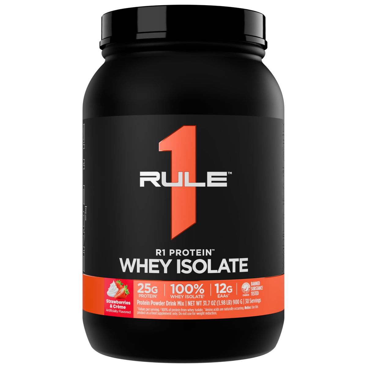 Rule 1 R1 Protein Whey Isolate bottle in Strawberries & Creme for fast post-workout protein