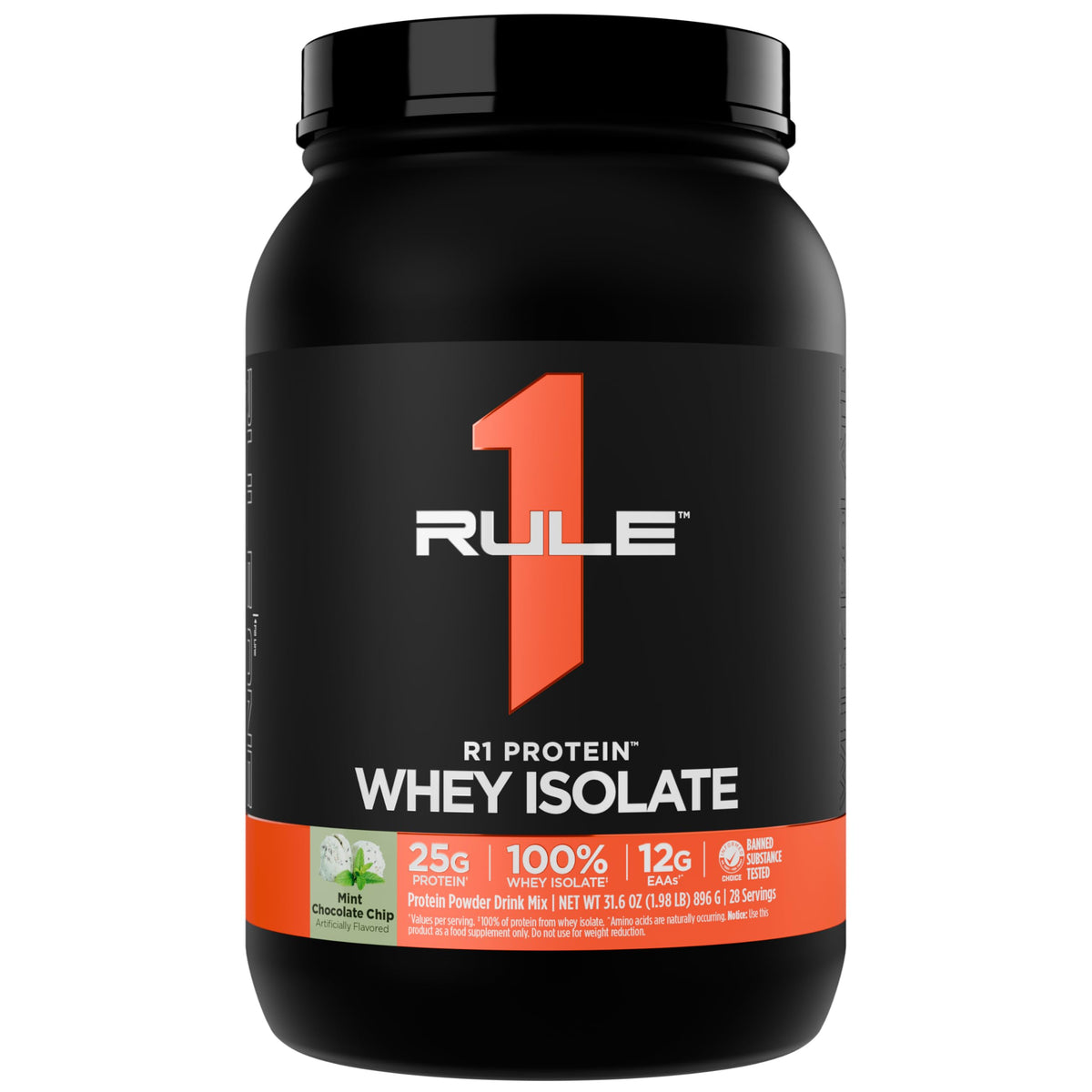 Rule 1 R1 Protein Whey Isolate Mint Chocolate Chip bottle highlights pure isolate protein