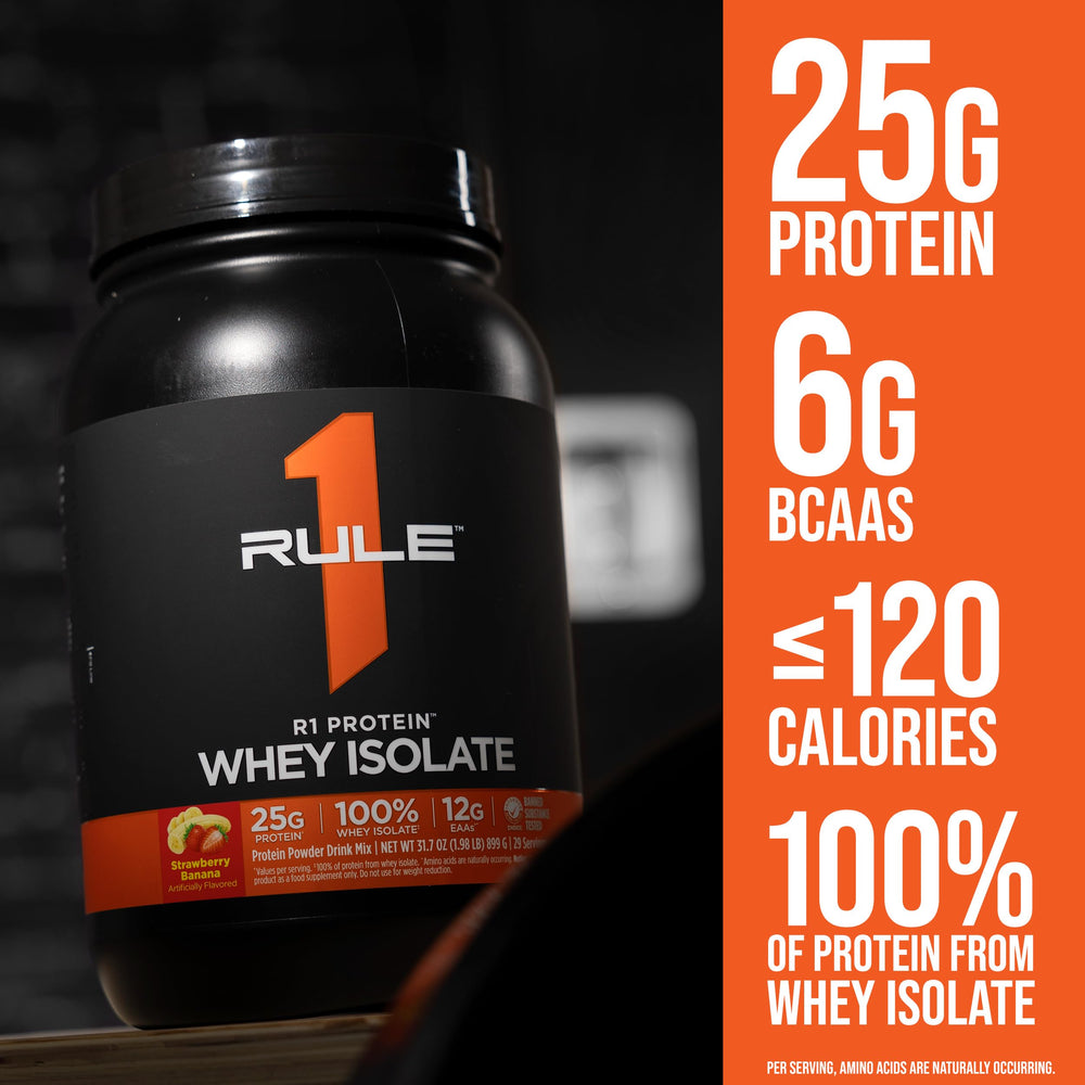 Rule 1 R1 Protein Whey Isolate vanilla creme nutrition label shows protein.