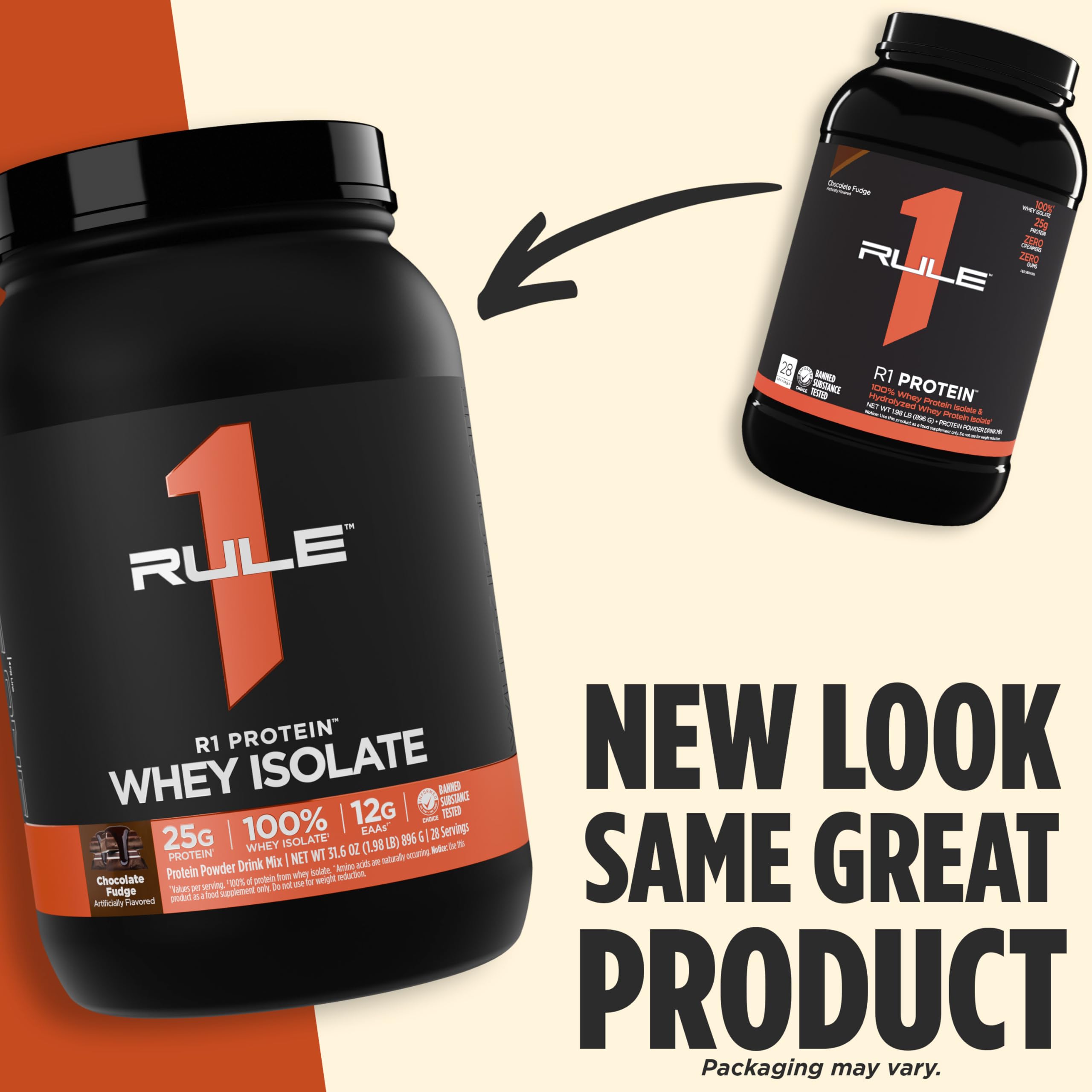 Rule 1 R1 Protein Whey Isolate vanilla creme scoop beside a measuring scoop.