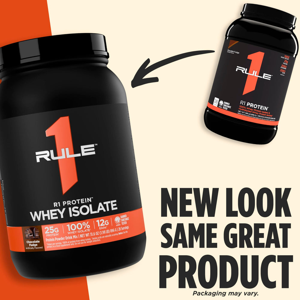 Rule 1 R1 Protein Whey Isolate vanilla creme scoop beside a measuring scoop.