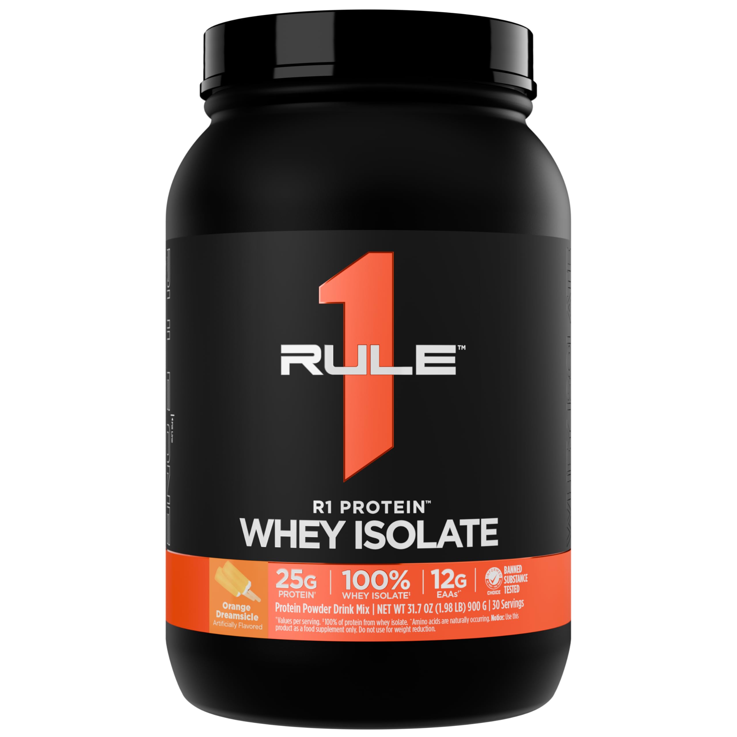 Rule 1 R1 Whey Isolate bottle showcases pure protein for fast recovery after workouts.
