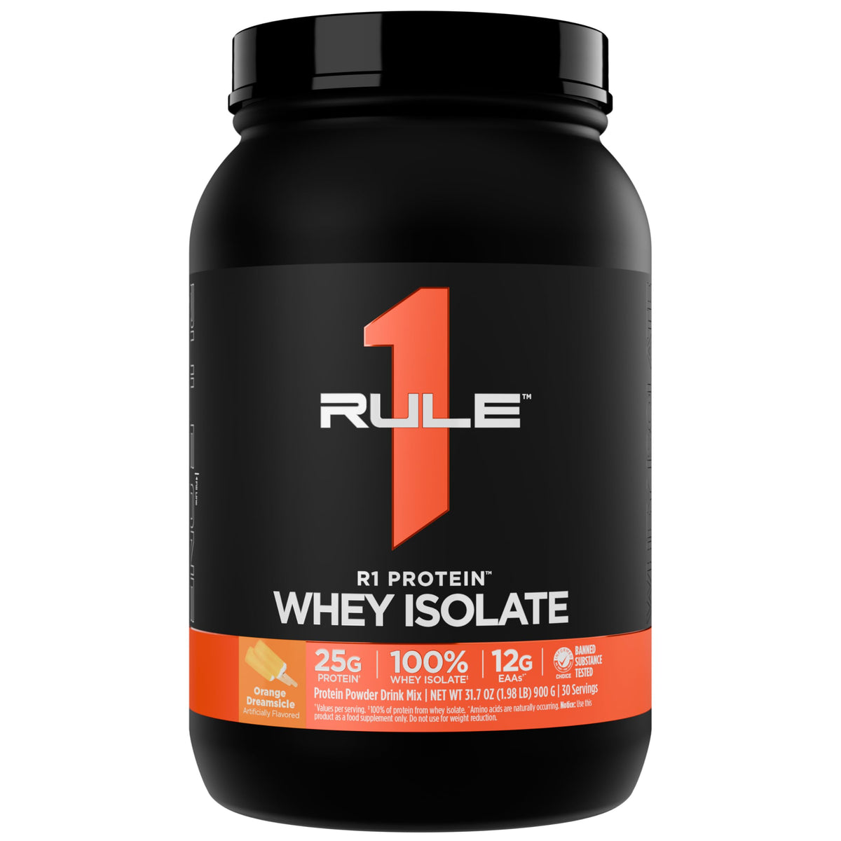 Rule 1 R1 Whey Isolate bottle showcases pure protein for fast recovery after workouts.