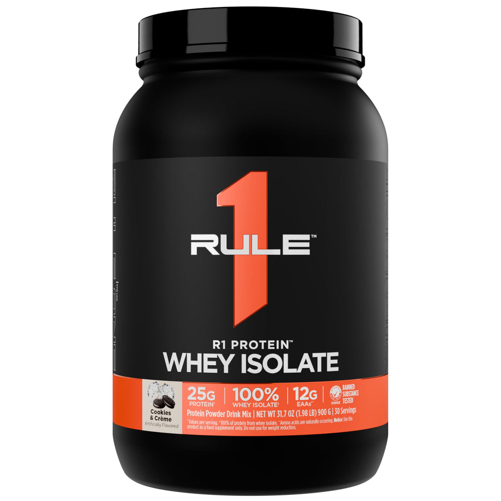 Rule 1 R1 Protein Whey Isolate bottle shows clean ingredients for daily recovery