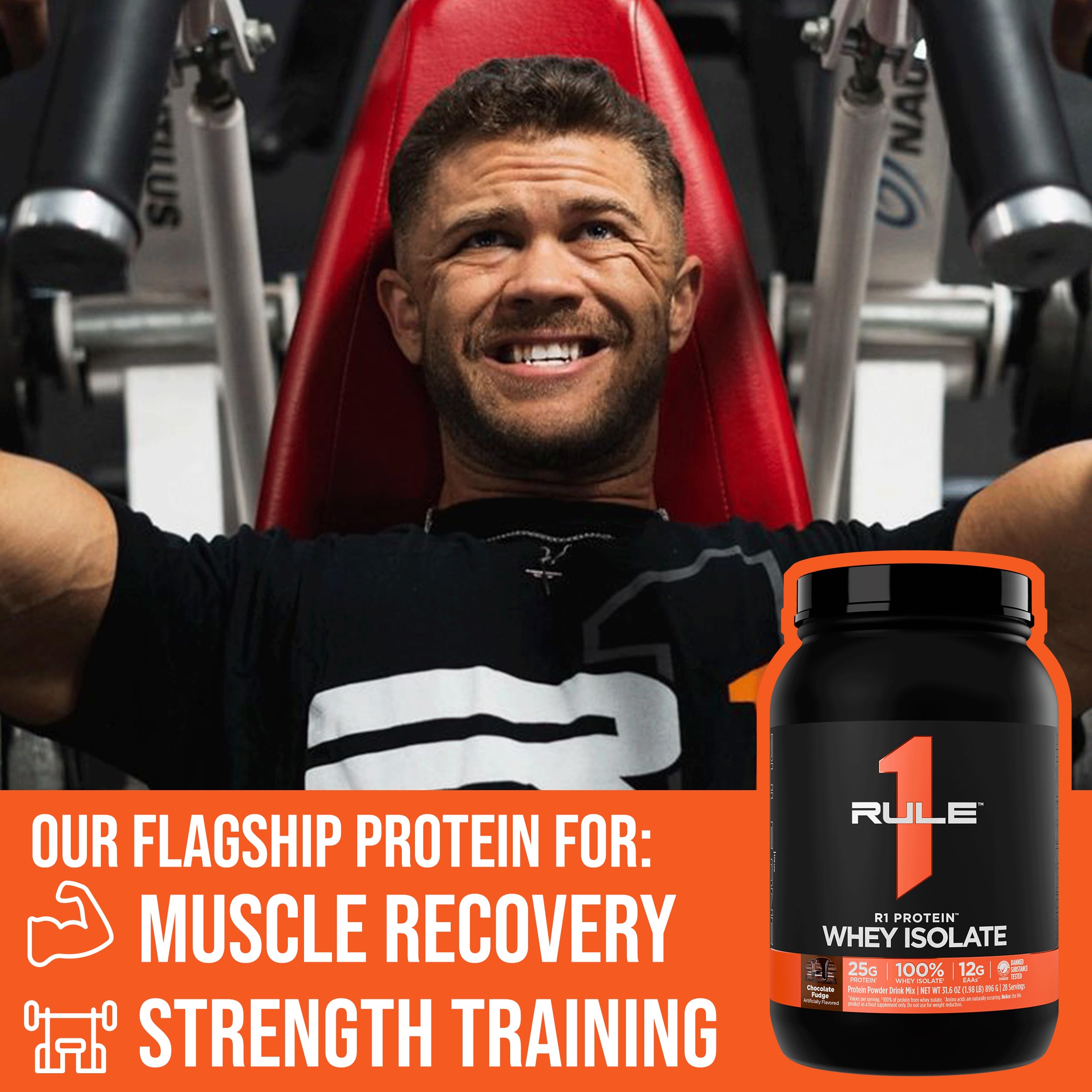 Rule 1 R1 Whey Isolate made in USA label on the packaging.