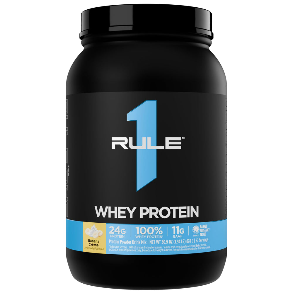 Rule 1 Whey Protein Banana Creme bottle front with 24 g protein per scoop highlighted for daily targets.