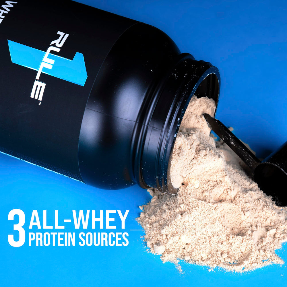 Rule 1 Whey Protein bottle on a kitchen counter for everyday use