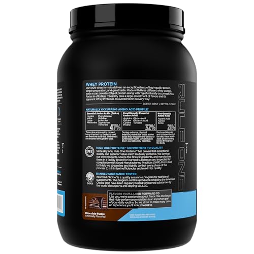 Rule 1 Whey Protein chocolate-fudge tub highlights complete protein per scoop.