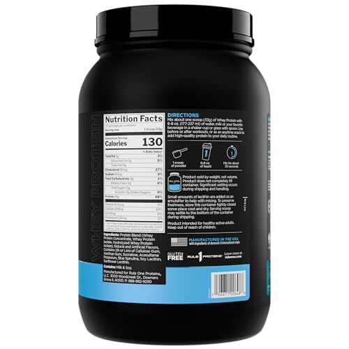 Rule 1 Whey Protein label closeup highlights 24 g protein per serving.